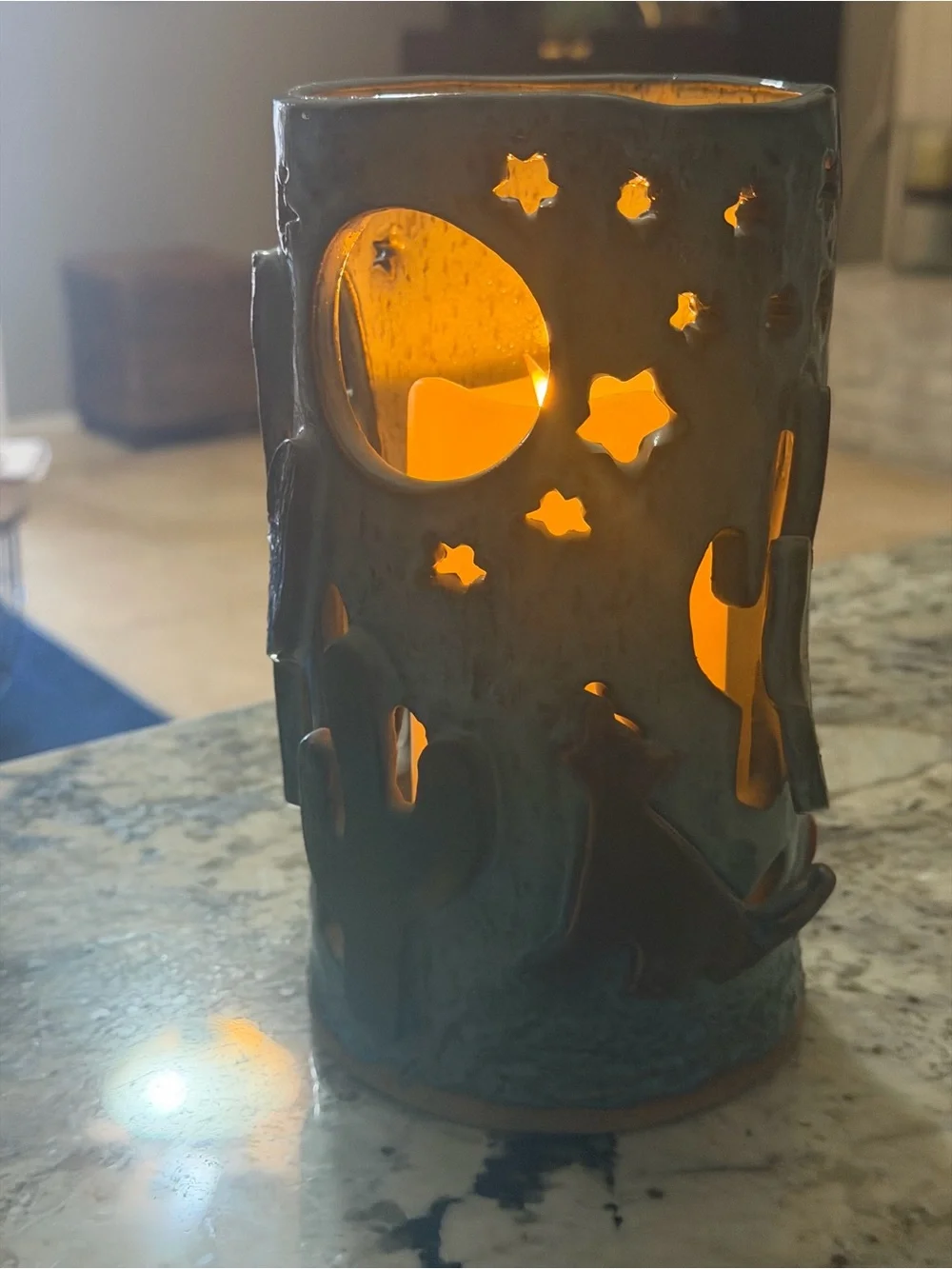 1978 Signed Studio Pottery Southwest Cactus Coyote Luminary Candle Lantern 9”